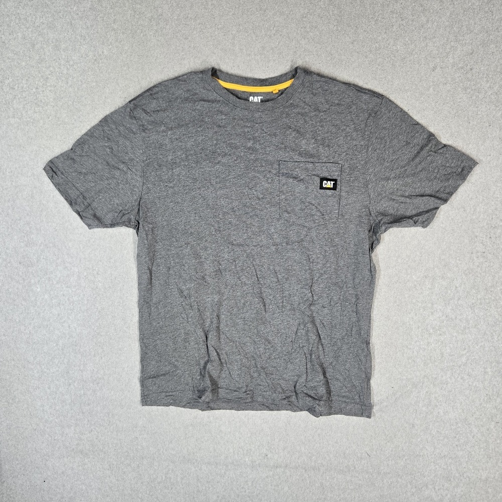 CAT Caterpillar Men Shirt L Gray Logo Patch Pocket Short Sleeve Crew Neck Work
